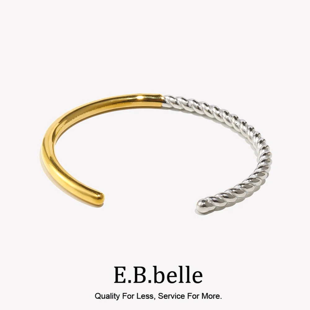 E.B.belle Wrist Bangle Stainless Steel PVD Plated Twist Texture Spliced Glossy 2 Tones Cuff Bangles Bracelets For Women