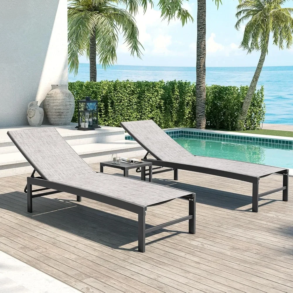 

2 Chaise Lounge Chairs & Side Table – Aluminum Outdoor Set, 5-Position Adjustable Recliners for Patio Use