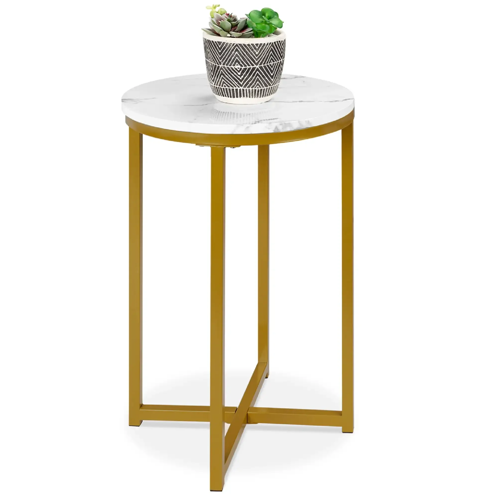 

16in Faux Marble Modern Round Living Room Accent Side Table w/ Metal Frame - White/Bronze Gold