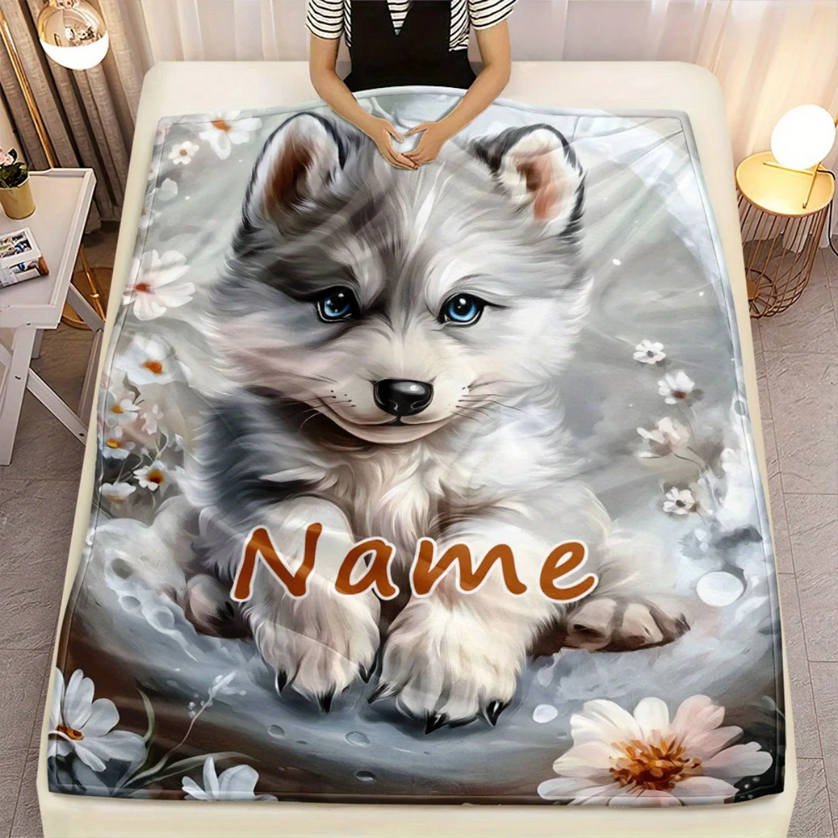 Cute Husky Puppy Print Throw Blanket for Baby Nursery Decor Fleece Plush Sherpa Pet Gift Kids Home Cozy Seasonal Decor Item