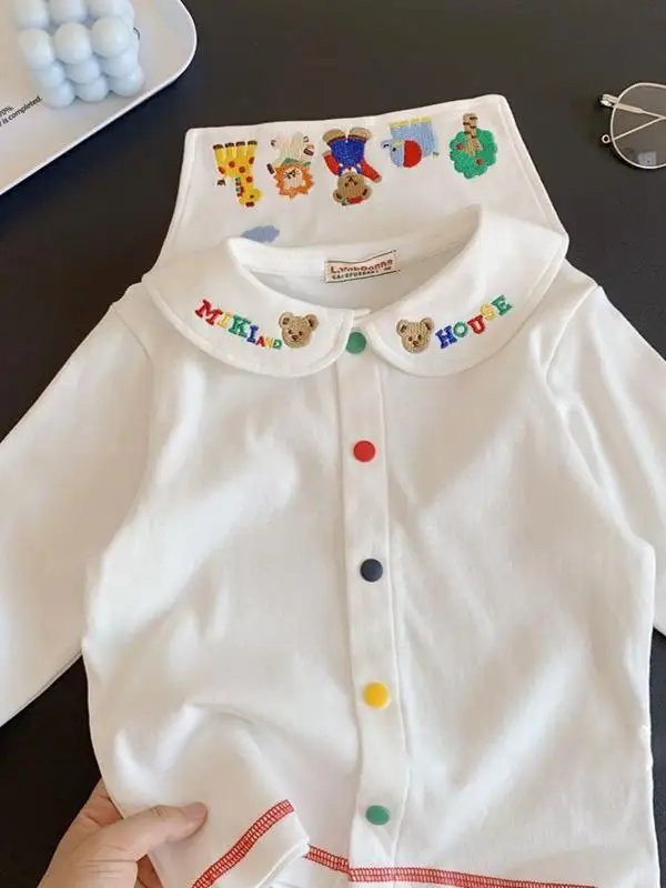 Cotton Long Sleeve Shirt for Boys And Girls Cute Cartoon Embroidery Turn-down Collar Children's Clothing Baby Clothes Kids' Tops
