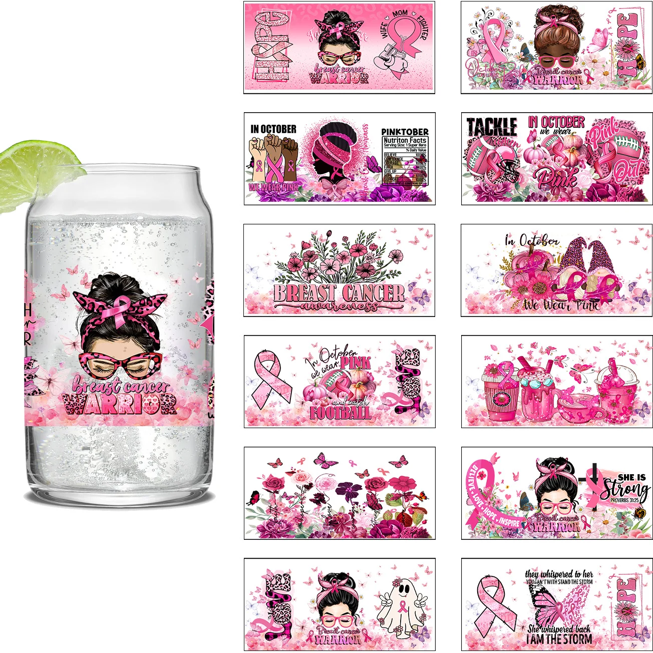 Pink Ribbon Affirmation Cup Wraps Decals for 16oz Libbey Glass Breast Cancer Awareness 3D Transfer Stickers UV DTF Cup Wraps