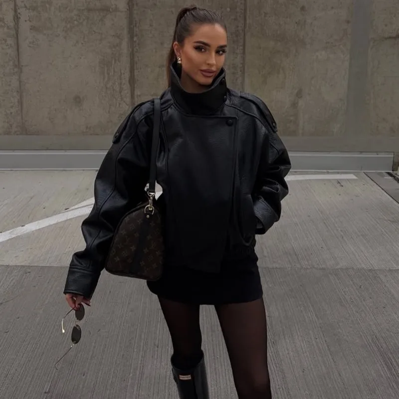 Talenza casual chique jaquetas de couro preto feminino manga longa botões elásticos casacos de grandes dimensões moda 2025 outono streetwear casacos