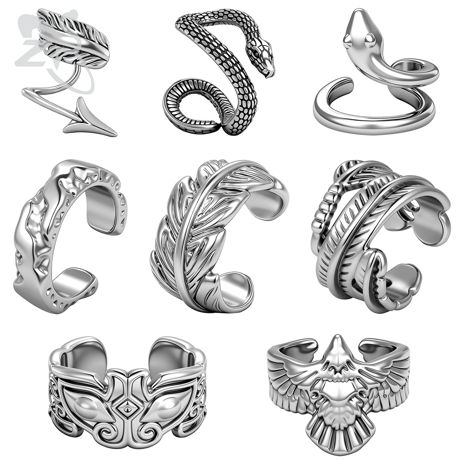 ZS 1 Paar Punk Verstellbare Ohrklemmen für Damen und Herren, Vintage Schlangen-, Feder- und Adler-Design, offener Ring, Hip-Hop, nicht-piercing, Knorpel-Ohrring