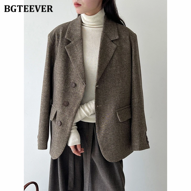 BGTEEVER Stylish Warm Ladies Woolen Blazer Jacket Autumn Winter Elegant Single-breasted Female Suit Coats