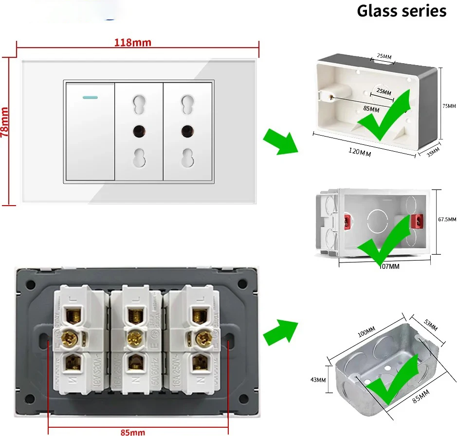 Melery Italy Switch Wall Sockets USB Type-C Chile Plug 16A Outlets Italian EU Power Socket Tempered Glass Panel Home Office