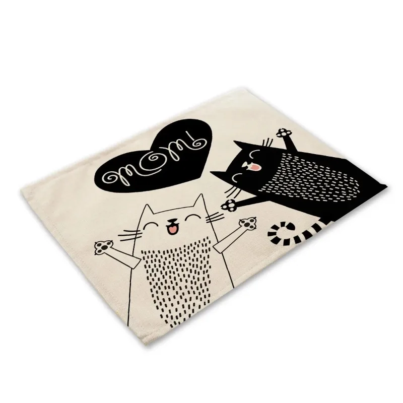 【Night Cat Tale】Black Cat Print Linen Placemat, Heat-Resistant & Durable, Home Dining Table Placemat