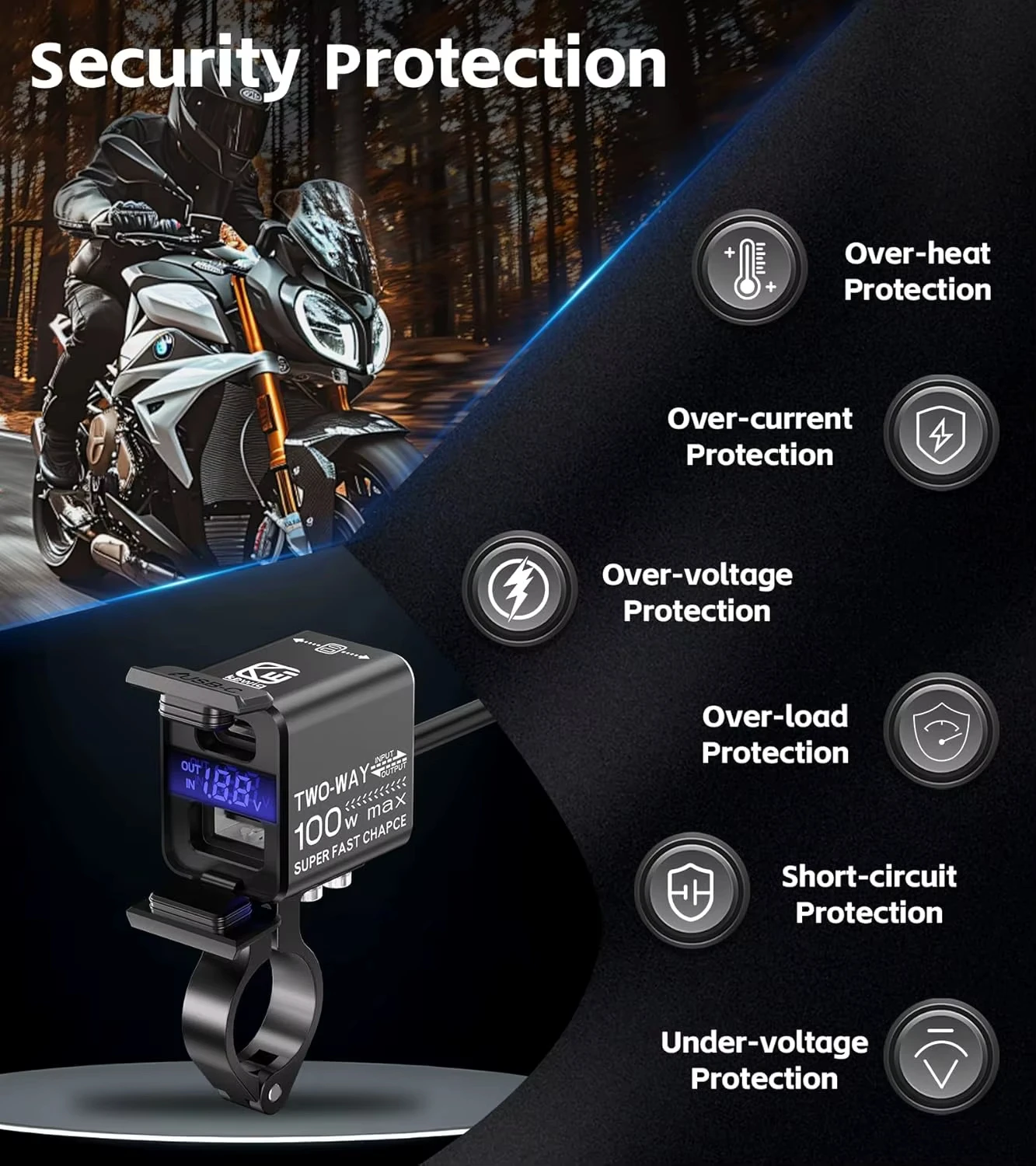 100 واط PD نوع C QC 3.0 مقاوم للماء الفولتميتر سوبر USB شاحن بطارية دراجة نارية وشاحن الهاتف 2 في 1 دراجة نارية الملحقات