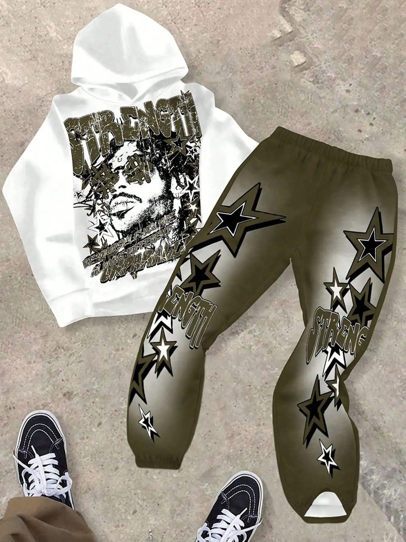 

2-Piece Unisex Streetwear Hoodie & Joggers Set with Graphic Stars Print