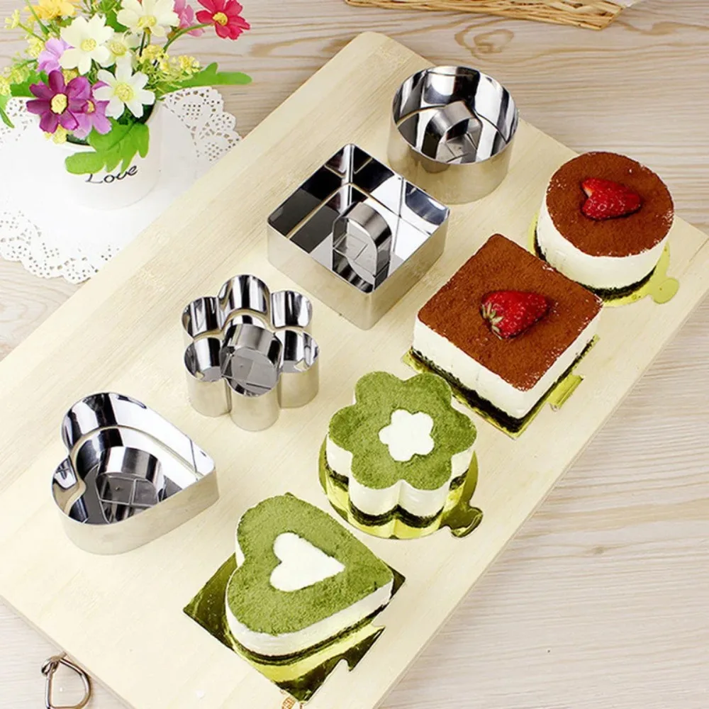 Practical Mousse Ring Durable Cupcake Mold With Push Plate Creative Round Square Flower Heart Shape Pancake Mould