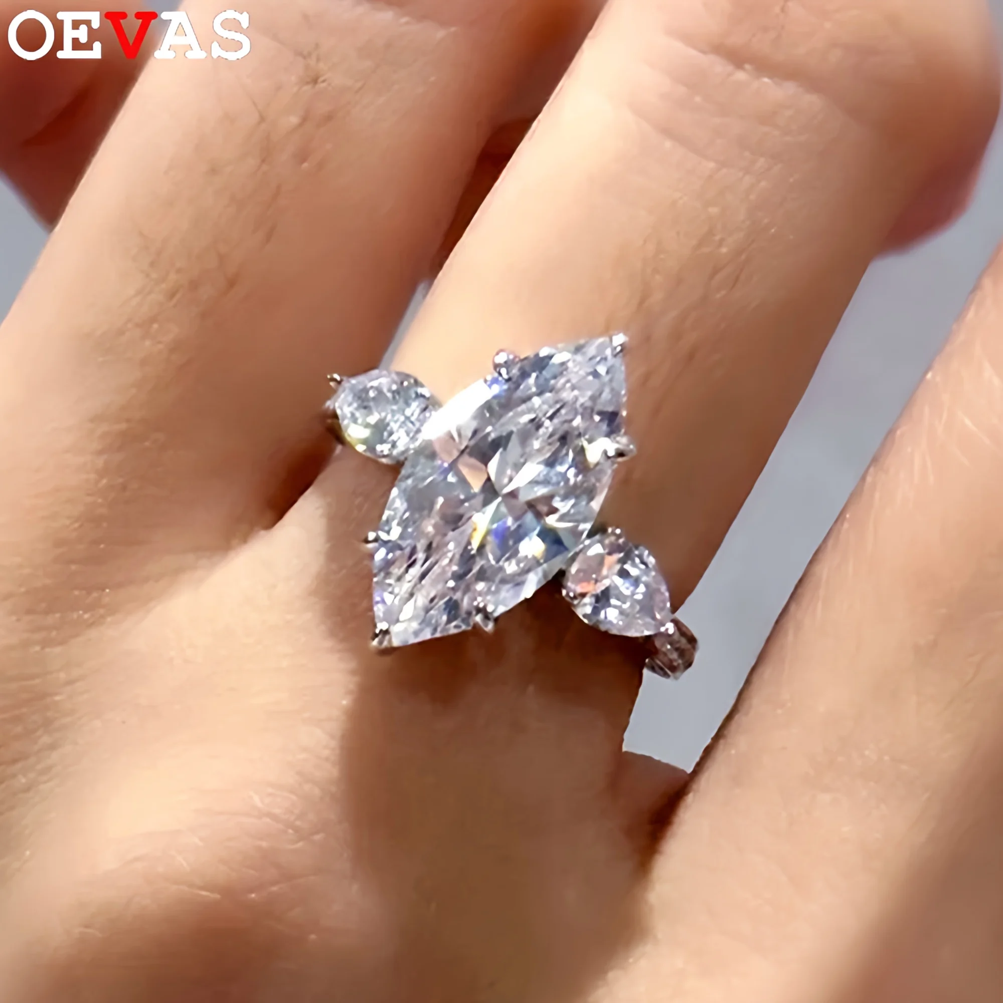 

OEVAS 3CT 7*14mm Marquise Cut Zircon Ring For Women 100% S925 Silver Plated 18K Gold Sparkling 3 Stone Wedding Band Jewelry Gift