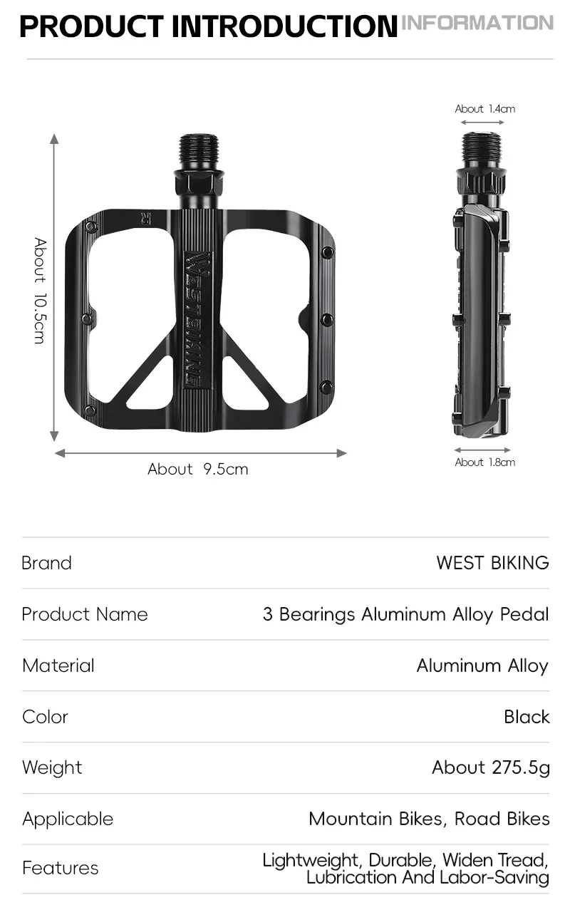WEST BIKING Leichte 3-Lager Fahrradpedale Cr-Mo Stahlwelle Aluminiumlegierung Rutschfeste Fahrradpedale Breite Fahrrad-Flachpedale – Detail 3