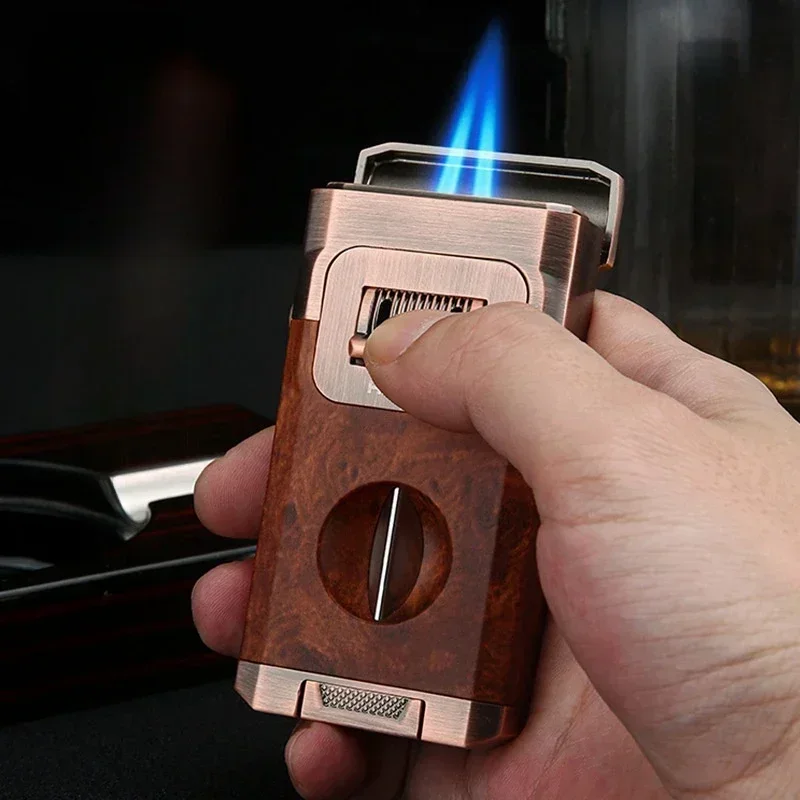 HONEST Brand Dual-flame Powerful  Cigar Lighter with Cigar Cutter Metal Butane Inflatable Lighter Men's Smoking Accessories