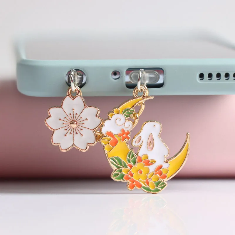 Cherry Moon Rabbit Dust Plug Charm Kawaii 3.5MM Jack Anti Dust Cap Cute Charge Port Plug For iPhone USB C Protection Stopper