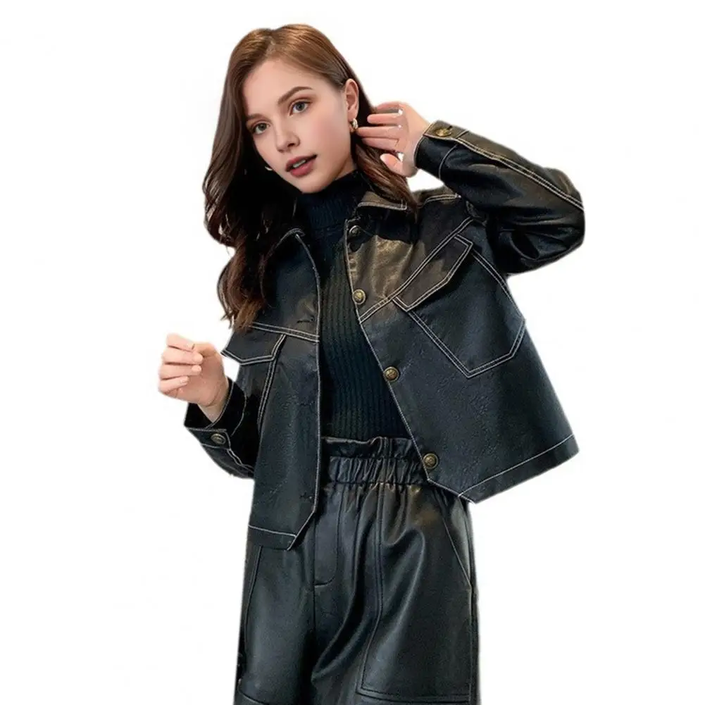 Women Slim-fit Jacket Motorcycle Coat Stylish Plus Size Faux Leather Motorcycle Jacket with Turn-down for Women for Travel