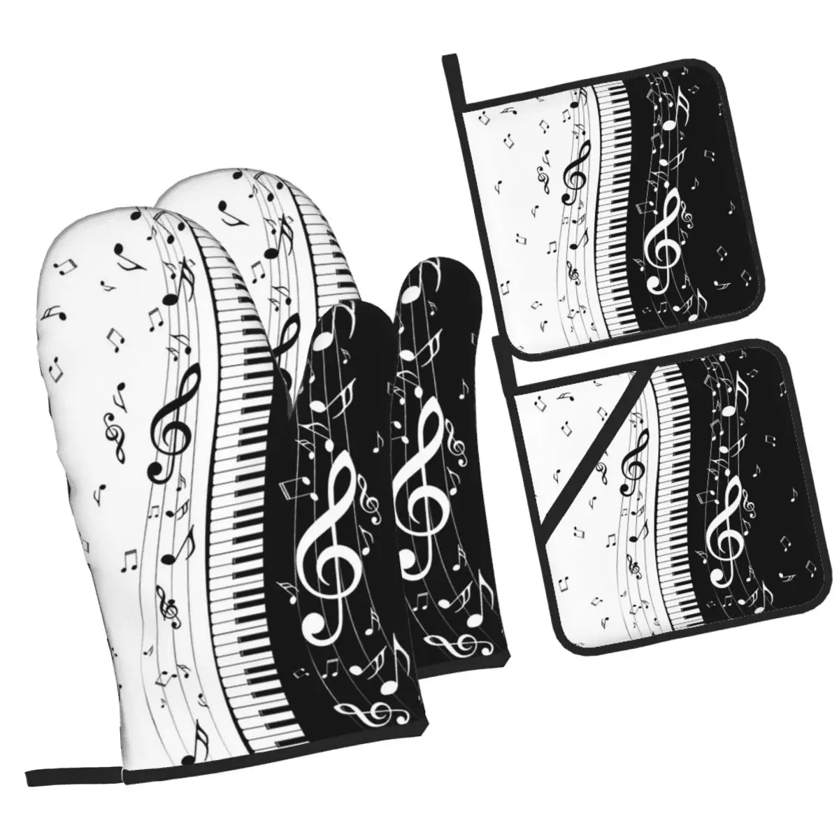 Abstract Piano Keys With Musical Notes Oven Mitts and Pot Holder Sets of 4 for Baking Cooking BBQ Resistant Non-Slip Gloves