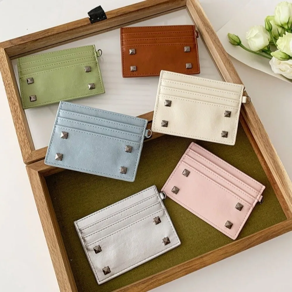 Mini Size Ultra Thin Card Bag Solid Color Portable Multiple Slots Card Holder Elegant Minimalist Rivet Coin Purse Student Use