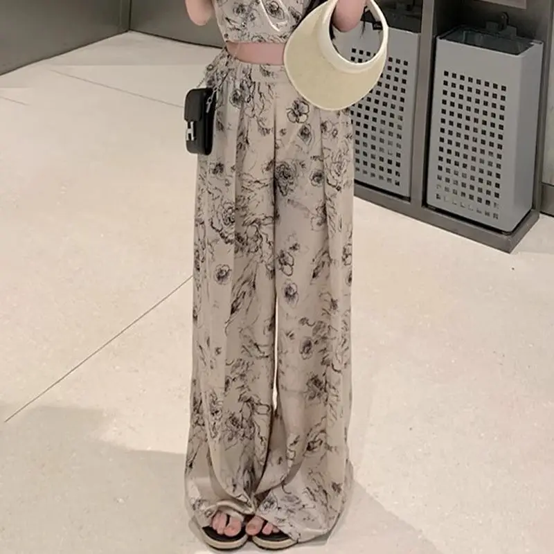 Two-Piece Sleeveless Slim Short Top Loose Slim Trousers Suit Floral Print Wide Leg Pants Women Chiffon France Style 2024 Summer