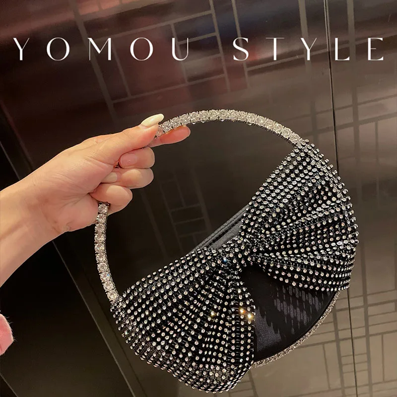 Crystal Shiny Diamonds Evening Bag Luxury Satin Women\'s Handbag Rhinestones Circular Metal Handle Clutch Purse For Wedding Party