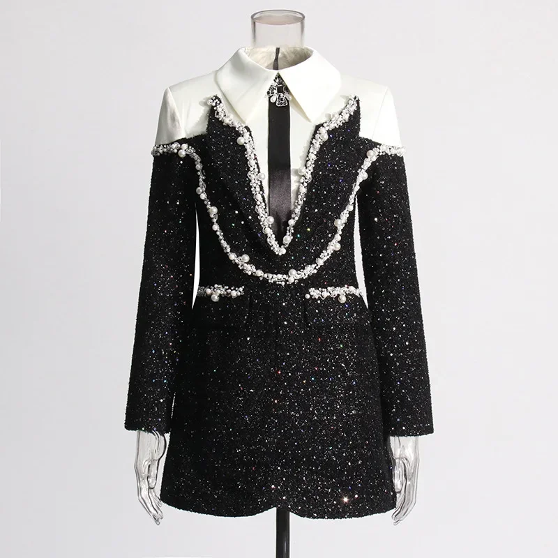 Luxury Beading Diamond Ladies Dress Long Sleeve Lapel Sequined Pearl Shiny Elegant Short Dress Heavy Industry Temperament