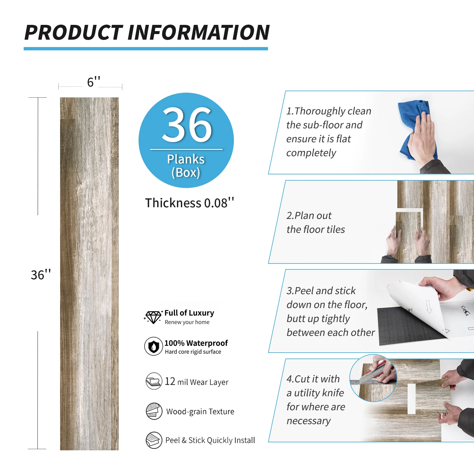 Art3d 36-Pack Peel and Stick Luxury Vinyl Flooring Tiles, 54 Sq. Ft Self Adhesive Wood Plank for Kitchen, Bedroom, Bathroom