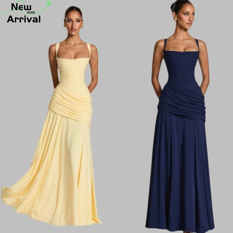 

Light Yellow Ruched Square Neck A-Line Maxi Dress Lace-Up Back Sleeveless Spaghetti Strap Elegant Vacation Evening Gown New 2026