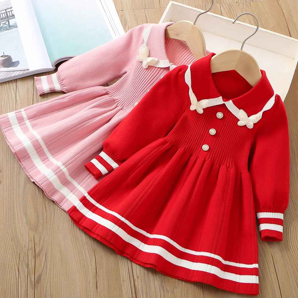 Fashion Korea Girls Dresses Long Sleeve Autumn Knitted Casual Dress Girl Clothing Loungewear Retro Wool Children Dresses Outfits