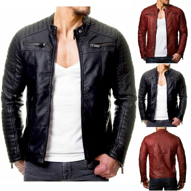 Veste en cuir rouge pour homme, col montant, cardigan à fermeture éclair, costume de danse sur scène, combinaison de bombardier de moto pour homme,