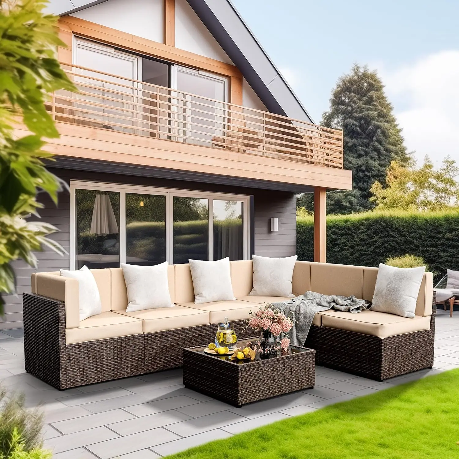 7-Piece Modular Outdoor Sectional Sofa Set with Coffee Table & Washable Cushion Covers, Brown Rattan Beige Cushions, Customized
