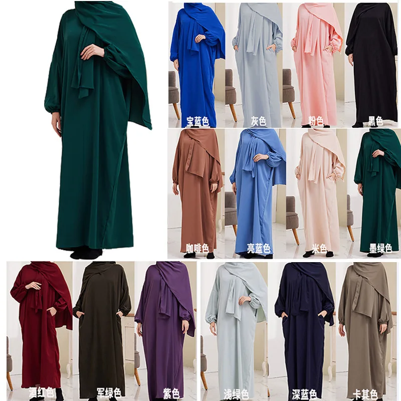 EID Muslim Sets Mode Abaya Casual grenzüberschreitendes Damenkleid, türkisfarbenes langes Kleid aus dem Nahen Osten mit Kopftuch-Kleidern