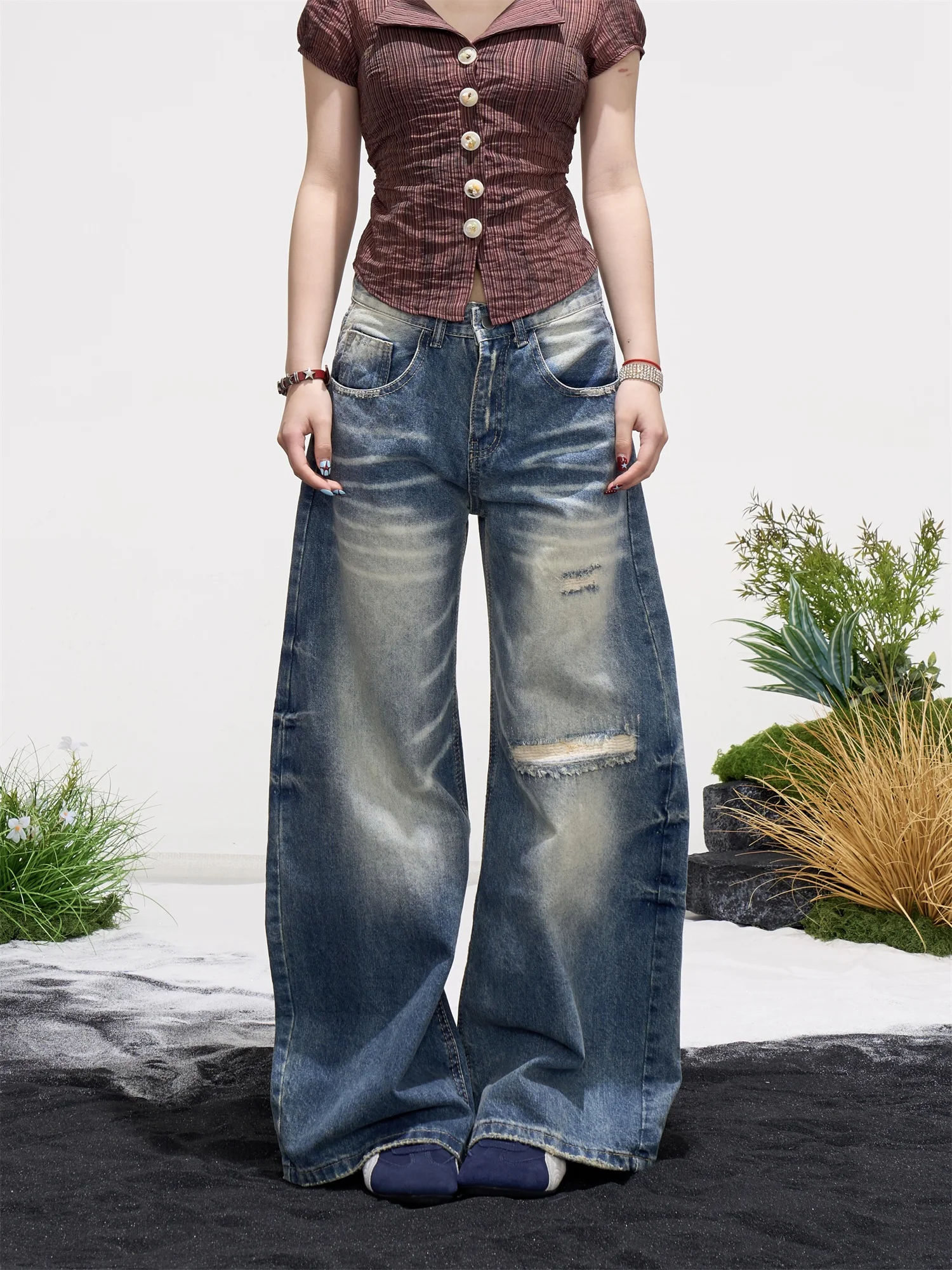 

Американские винтажные рваные джинсы с широкими штанинами для женщин, весна-лето, свободные, стройнящие, в пол, повседневные длинные брюки