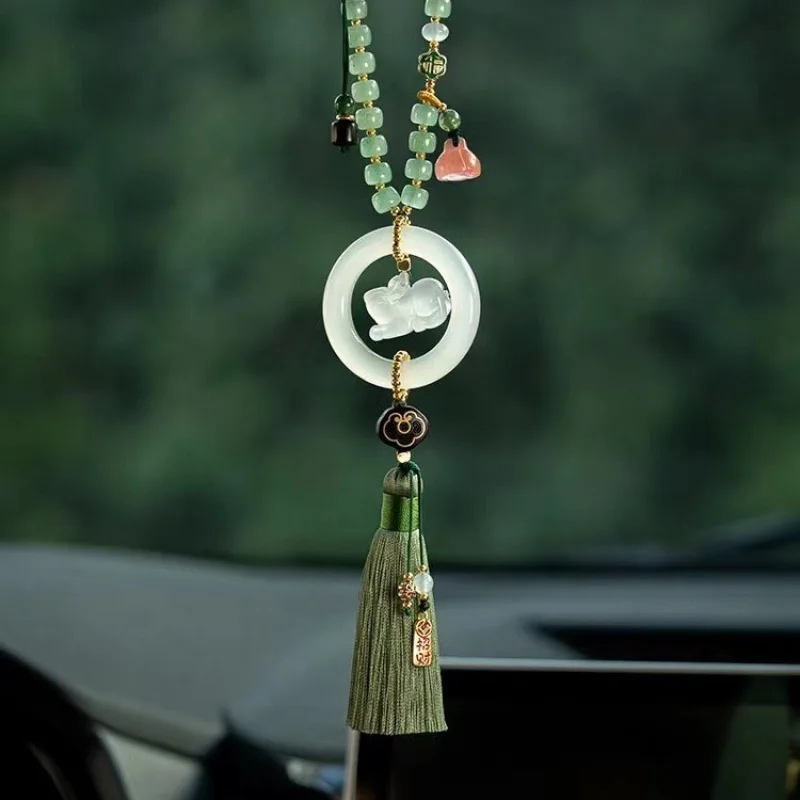 Jade Hare Safety Lock Car Pendant Aventurine Old-Styled Bead Antique Chinese Style Automobile Hanging Ornament Car Lukcy Chamrs