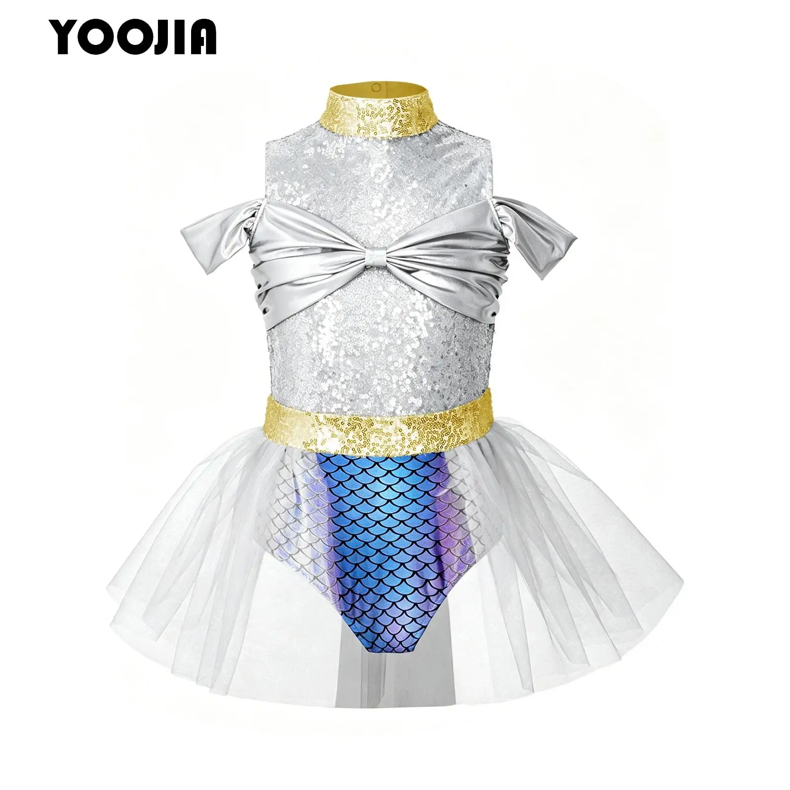 Mermaid Princess Ballerina Costume Girls Ballet Tutu Leotard Dress Fish Scales Sleeveless Sequins Bowknot Tulle Skirted Jumpsuit