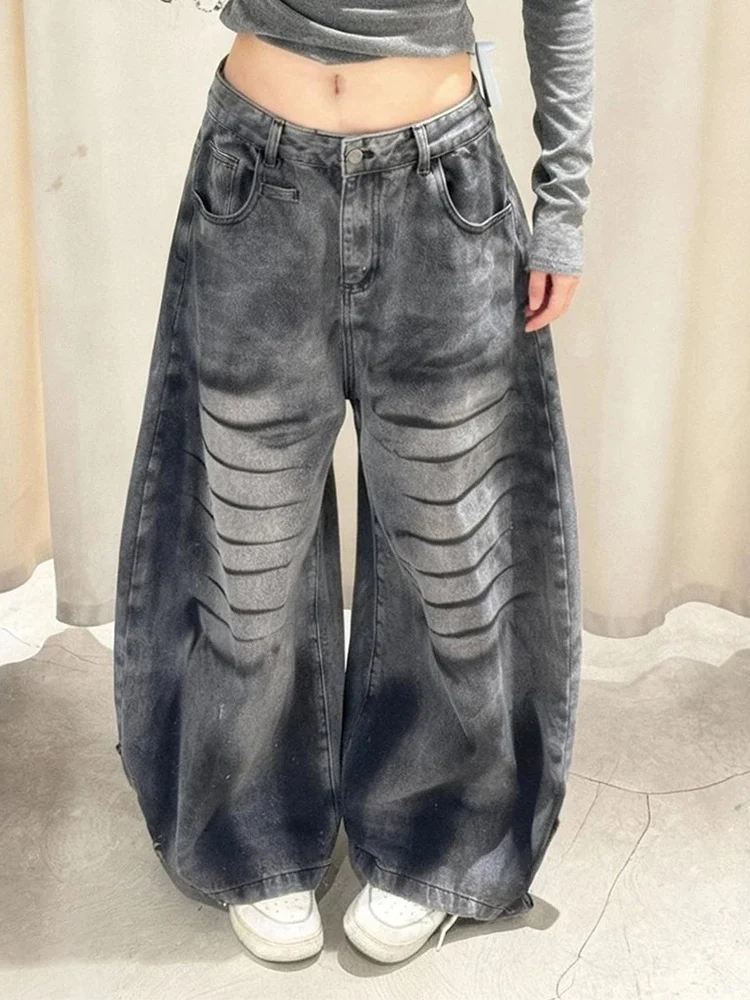 

Y2K Womens Wide Leg Jeans American Street Wash Wipe Dirt Make Old Spring Loose Floor Bending Knife Pants