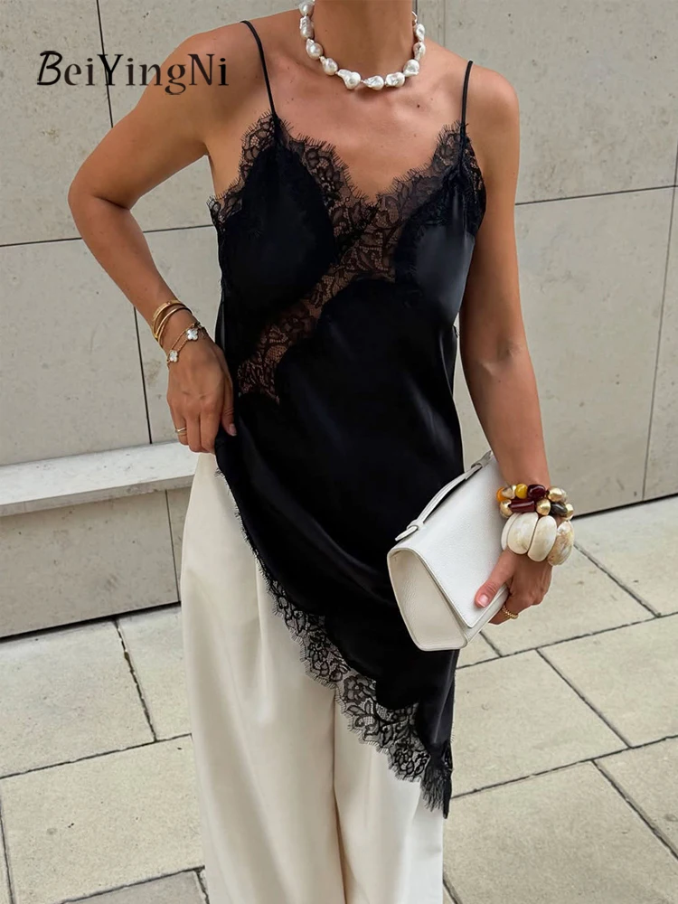 ベイインニ 2025 新ファッション レディース サテンレースドレス スリット入り エレガント カジュアル スパゲッティストラップ セクシーワンピース 女性用 Vネックドレス