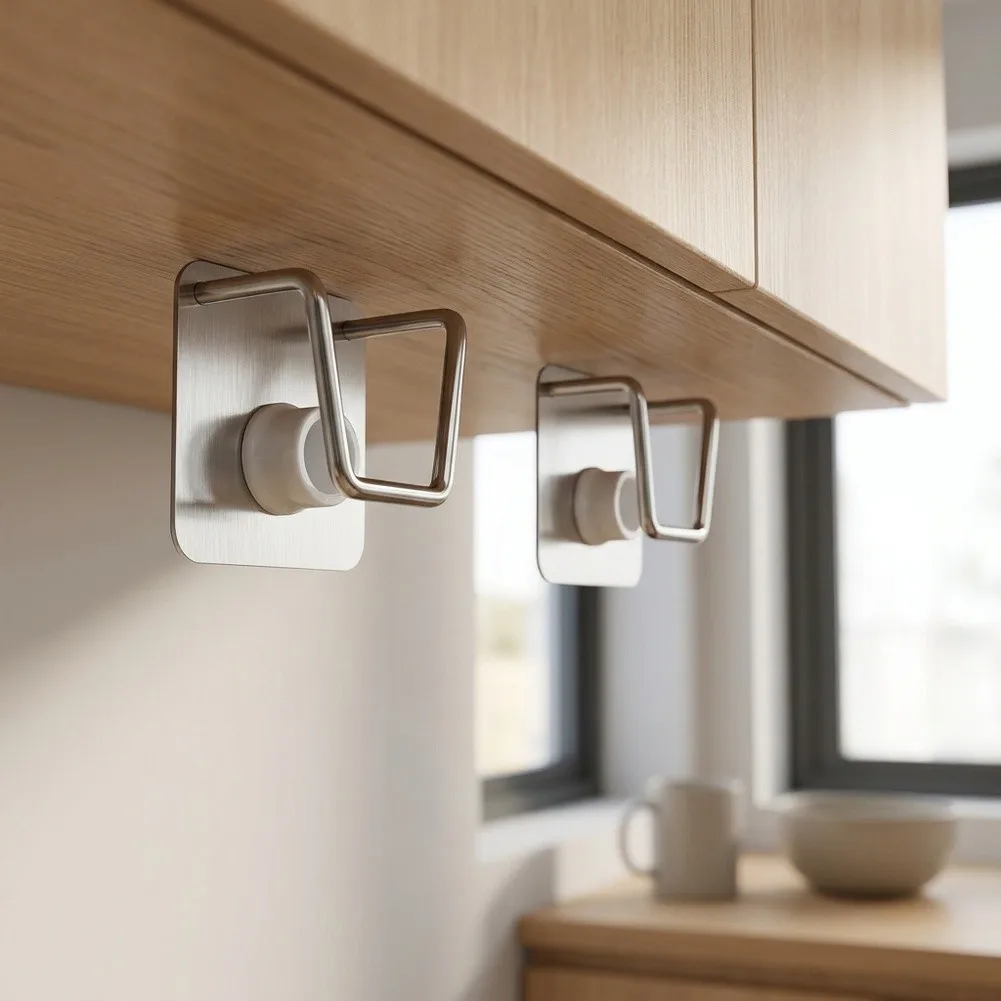 Stainless Steel Telescopic Rod Holder with No-Drill Bracket for Curtain Rods for top Cabinet and Doorway Storage 2 Piece Set