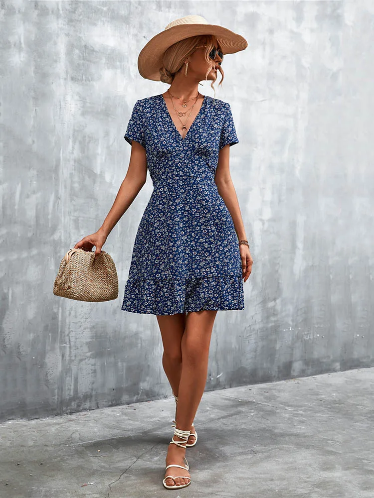 Summer Short Boho Dress Women V Neck Print Floral Party Dress Ladies Bohemian Flower Mini Dress For Summer Short Boho Dress Women V Neck Print Floral Party Dress Ladies Bohemian Flower Mini Dress For