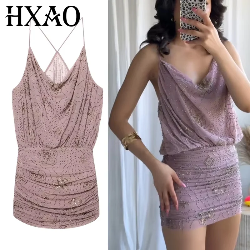 HXAO Abiti corti con perline 2025 Abiti da festa estivi senza maniche da donna Mini abito sottoveste in tulle plissettato Abito da ballo sexy aderente