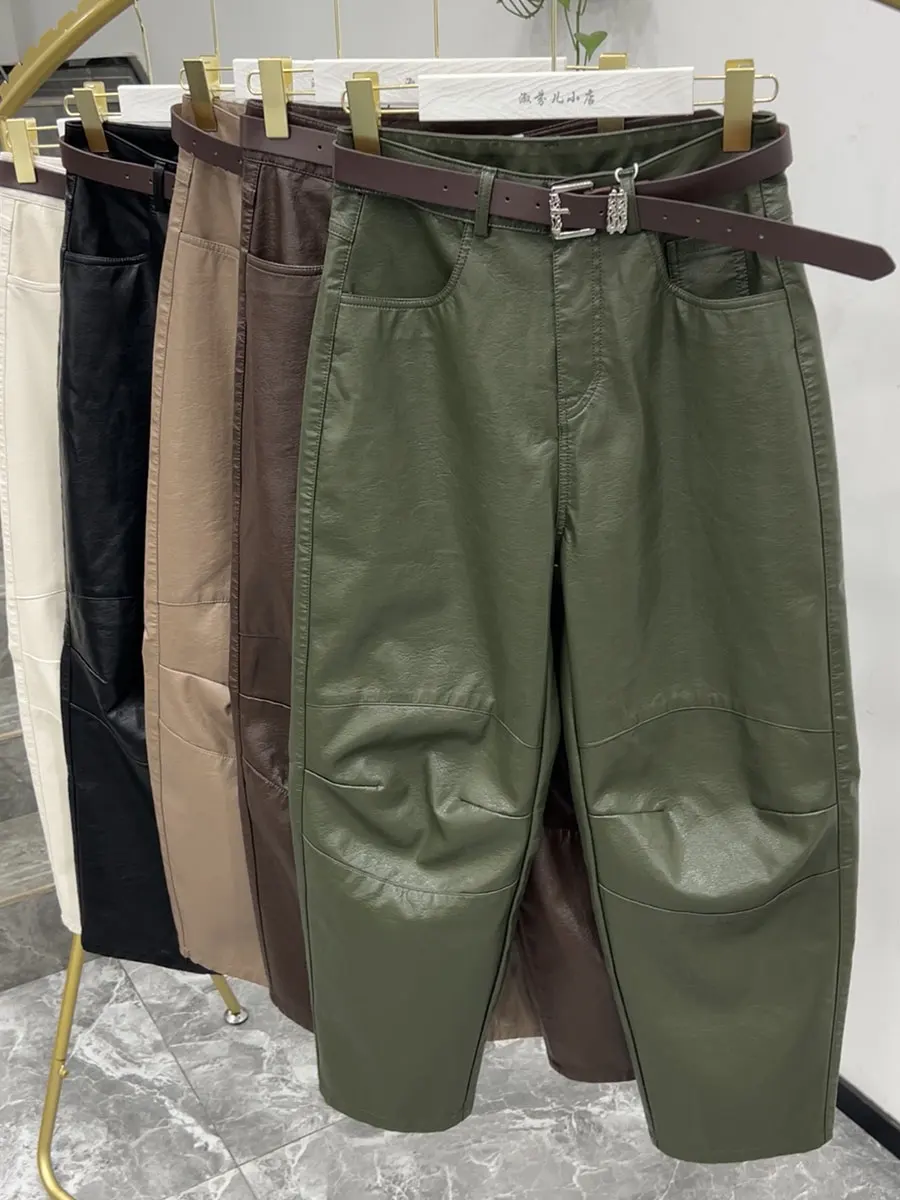 

Новые женские кожаные брюки на весну-осень с высокой талией, поясом и прямым кроем, повседневные, из натуральной кожи