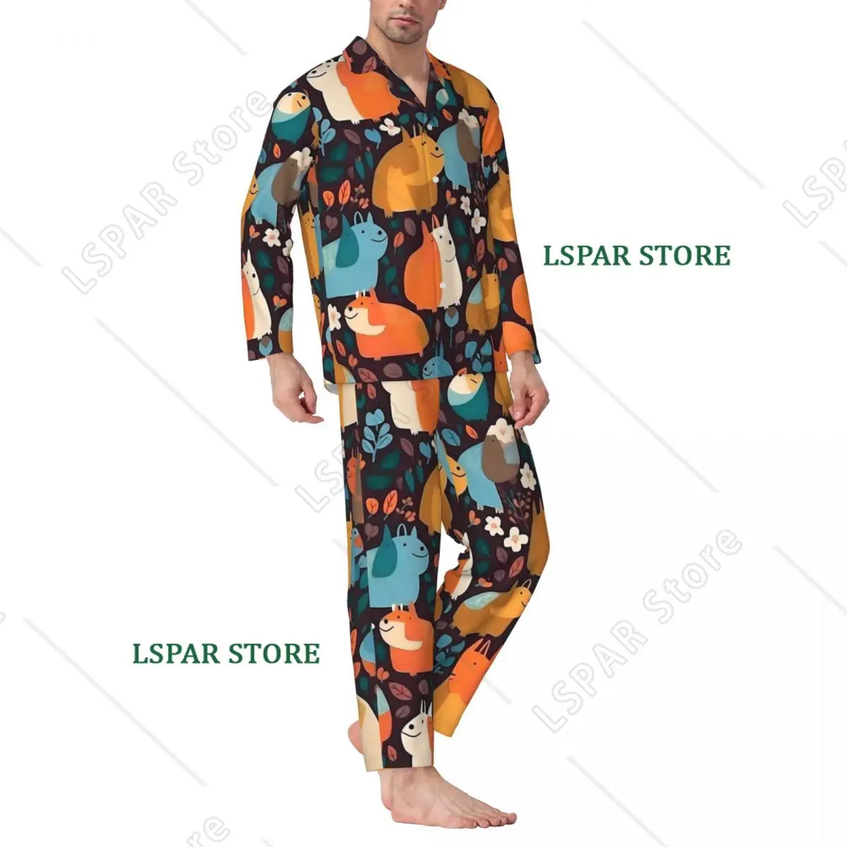Pajamas Men Colourful Crazy Capybara Pattern Leisure Nightwear 2 Piece Casual Loose Pajama Set Long-Sleeve Oversize Home Suit