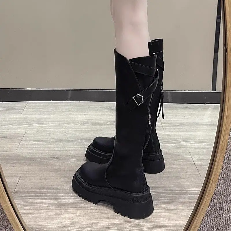 

Зимние винтажные женские рыцарские сапоги на платформе, модные нескользящие сапоги до середины икры с пряжкой на молнии сзади и квадратным каблуком, длинные ботильоны