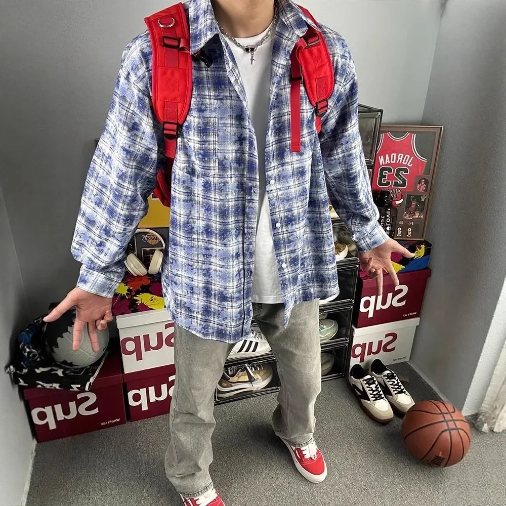 Spring Tie-Dye Plaid Shirt Men's Long Sleeve Clean Fit Casual Jacket Streetwear Top