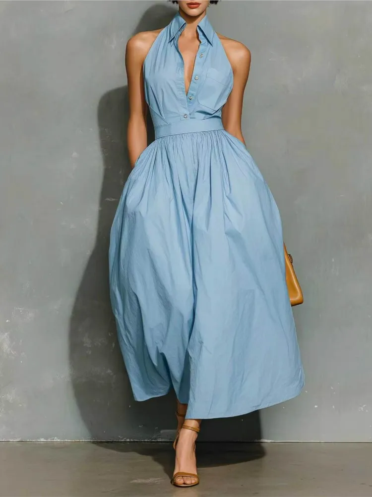 

Elegant Women Off-Shoulder Button Sleeveless Long Dress Casual Ruched Waist A-Line Dress Summer Office Solid Pocket Party Dress