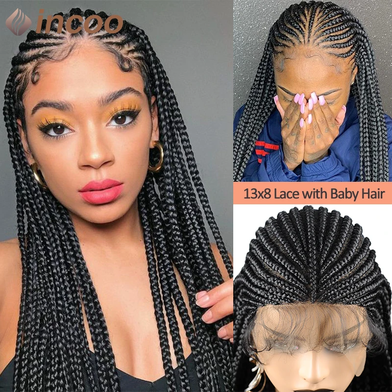 13x8 Cornrow Braided Wig Synthetic Lace Frontal Wigs Braid African Hair With Pre-Pluck Baby Hair Braid Knotless Box Braided Wig