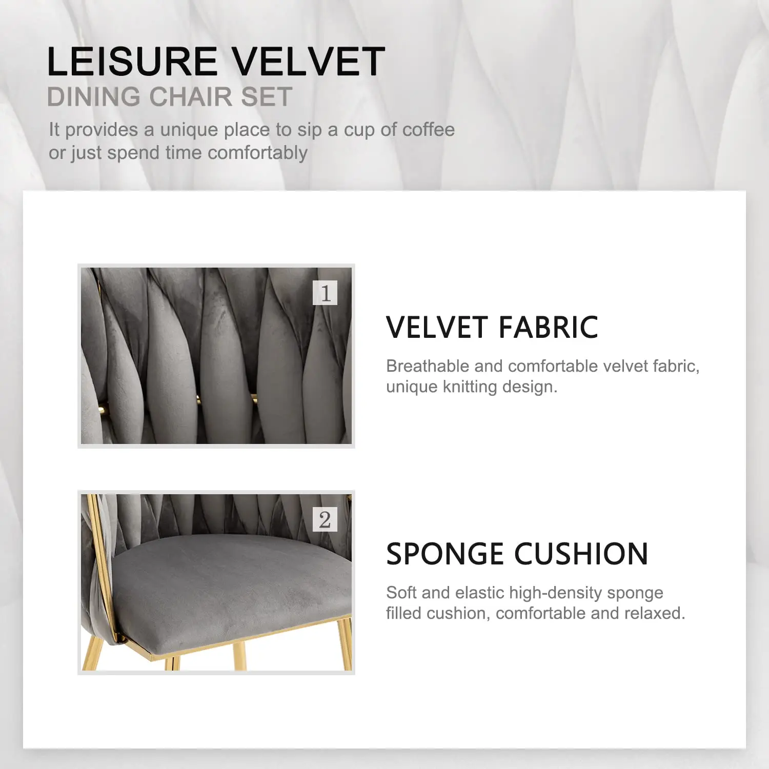 Woven Dining Chairs Set of 6 Velvet Upholstered Gold Metal Legs Modern Accent Living Dining Kitchen Room Grey, Customized