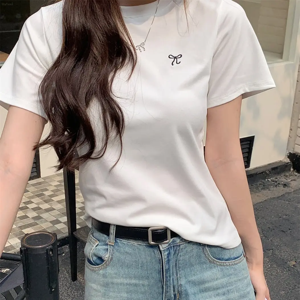 In Summer The New College Style Gothic Short-sleeved Female French Sweet Spice Girl Round Neck Slim And Slim Bow Embroidered Top