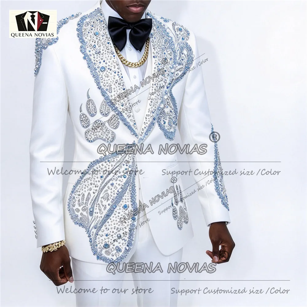 Wedding Guest Tuxedo Suit For Man Handmade Sparkly Crystals Beading Groom Prom Blazer Customized 3 Piece Sets Man Bnaquet Outfit