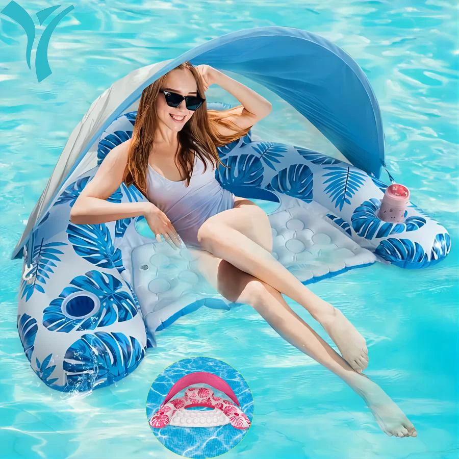 Pool Float with Adjustable Canopy,Inflatable Pool Floats Chairs with Cup Holders,Pool Chair Lounge Float,Ergonomic Headrest