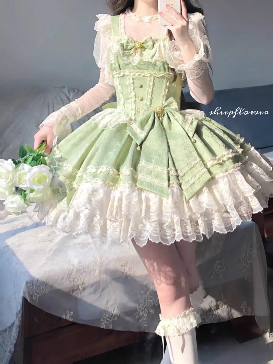 

Harajuku Sweet Bow Lace Cake Dress Women Japanese Kawaii Sleeveless Princess Ballet Dresses Aesthetic Elegant Y2k Slim Clothing