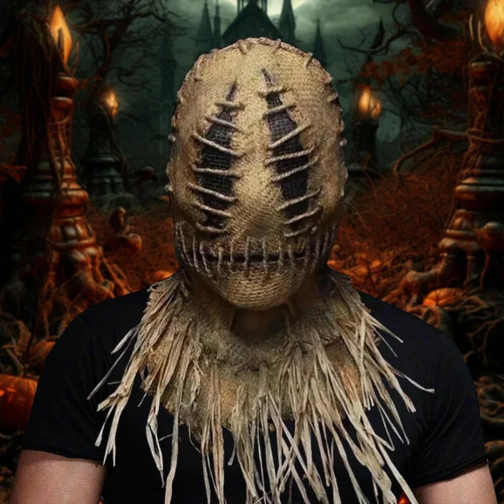 

Creepy Scarecrow Mask Halloween Horror Face Cover Realistic Straw Man Latex Costume Prop For Haunted Sinister House Farm Theme